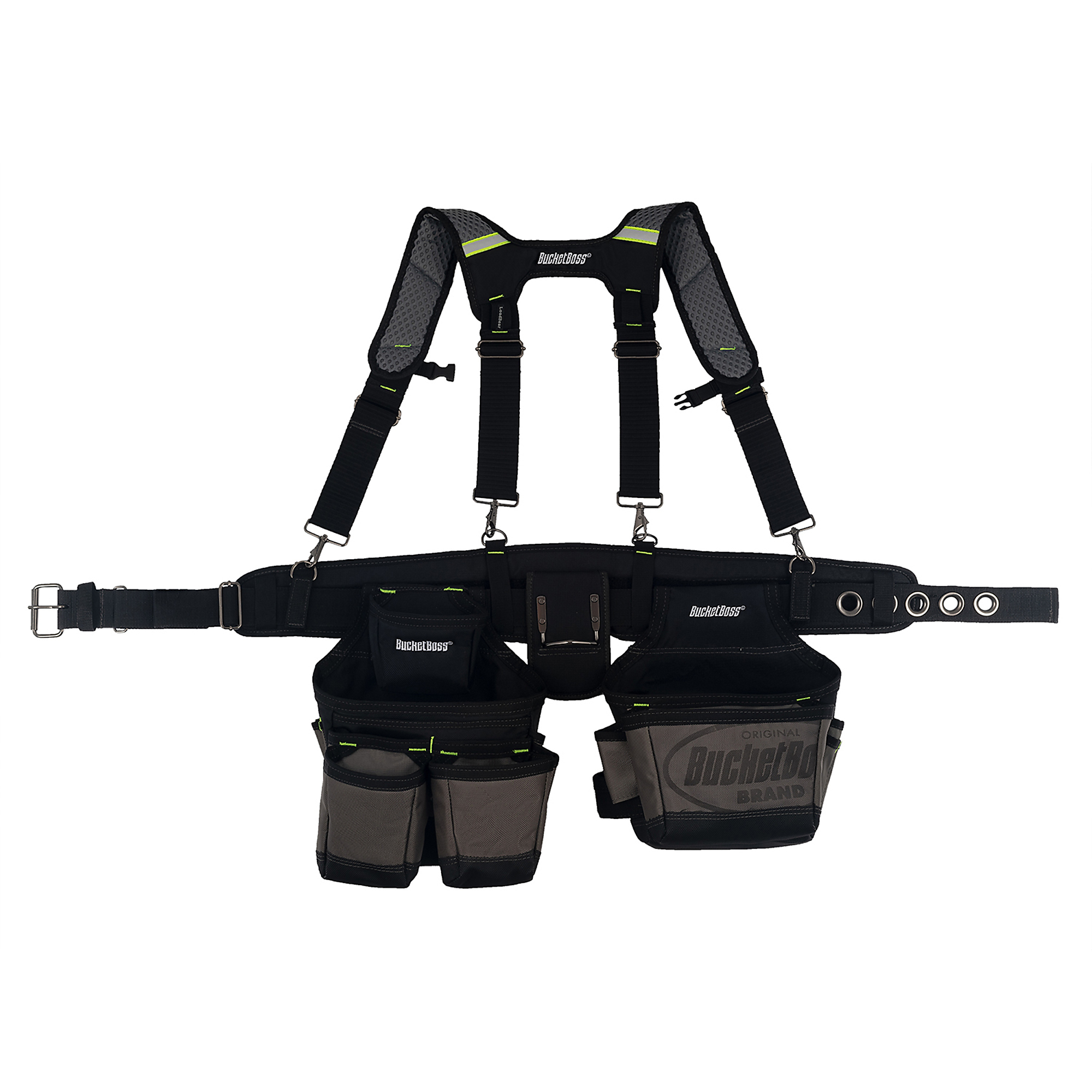 Bucket Boss, Tool Belt with Suspenders, Color Black, Pockets (qty.) 19 Material Poly, Model# 55205-HV